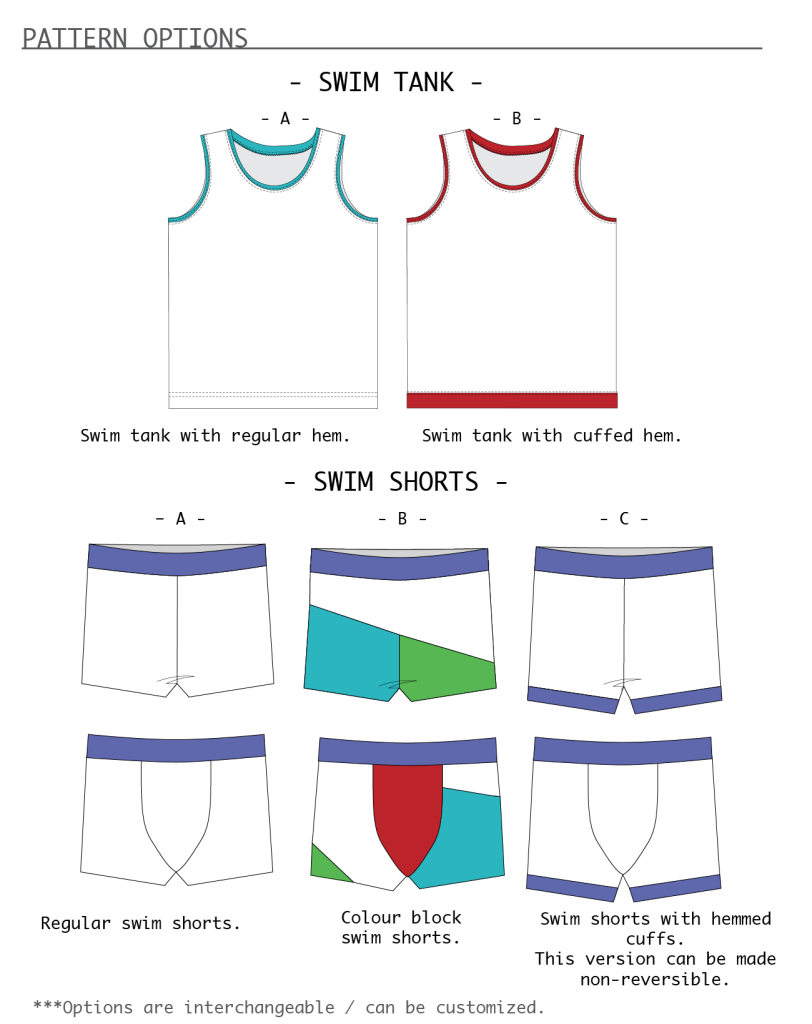 Cloud 9 swim shorts and tank line drawings