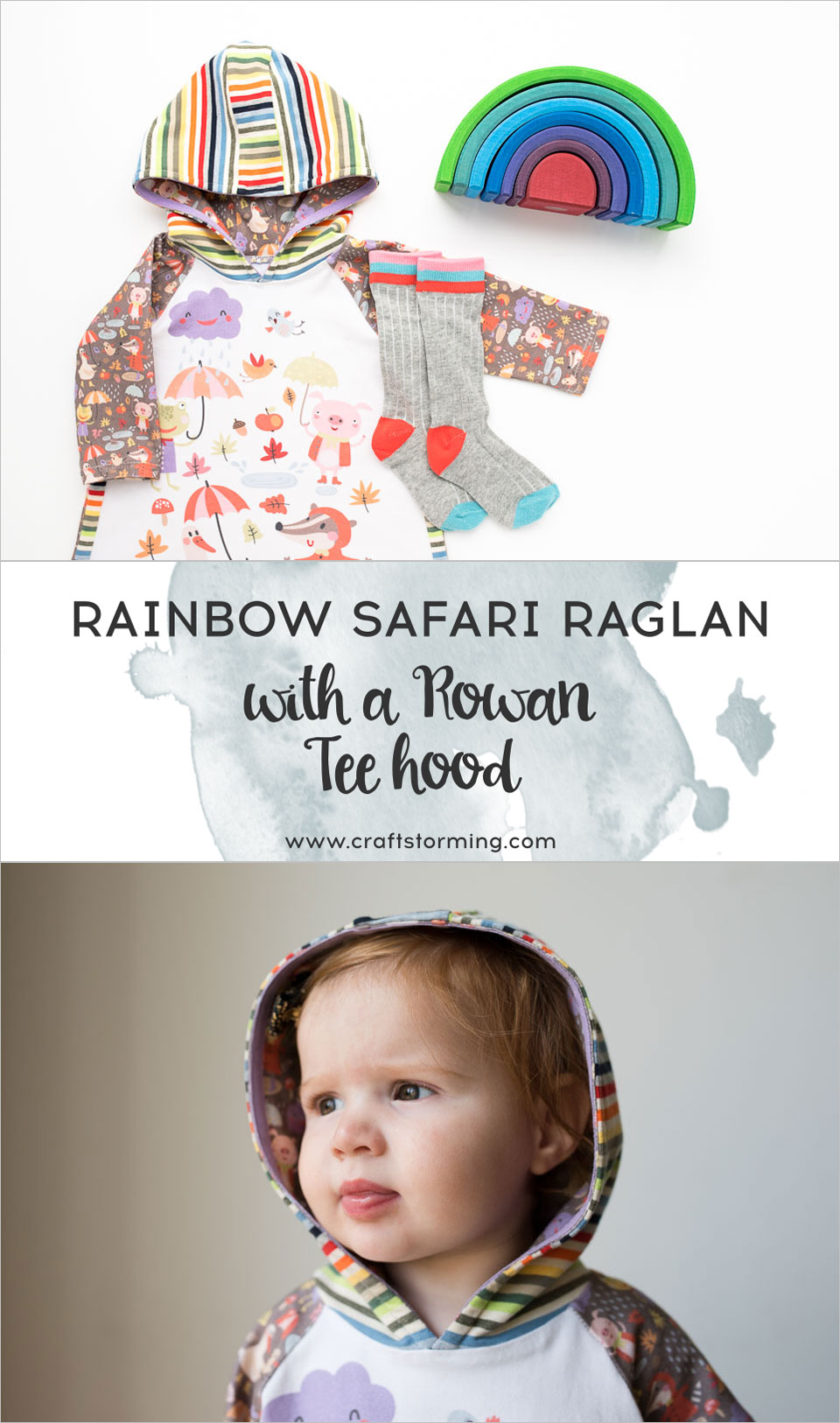 Rainy days rainbow dress. A mashup of the Safari Raglan dress with the Rowan Tee hood, both patterns by Titchy Threads.