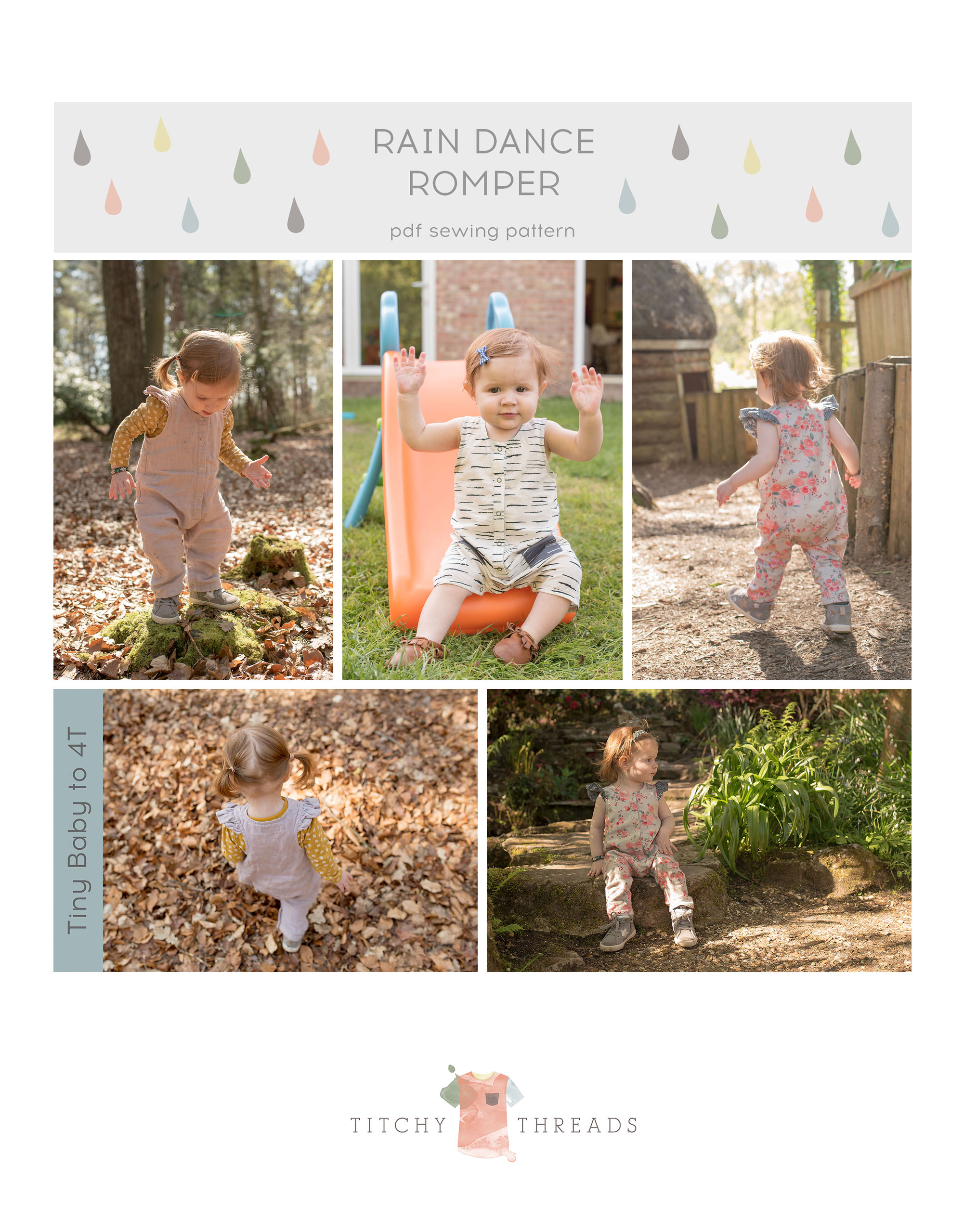 The Rain Dance Romper is a sweet sleeveless romper for boys or girls, for ages Tiny Baby to 4T. Perfect for any season - bare those baby arms and legs in summer, or layer over a long sleeved tee in winter.